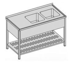 Umývací stôl s krytým dvojdrezom a perforovanou policou 150x60